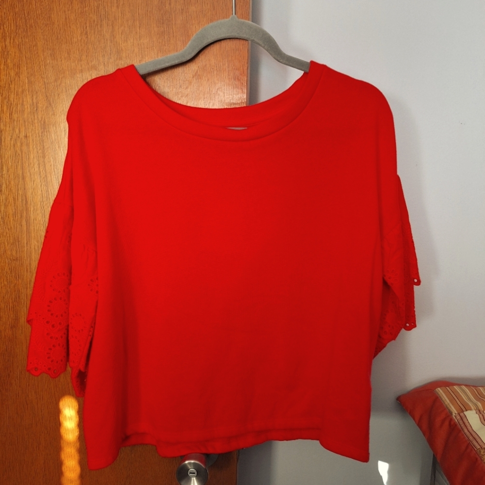 Final Price* NWT love, Fire Dark Coral Women Top Eyelet Lace 3/4 Sleeves Size S